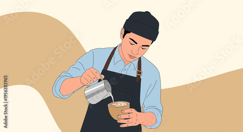 Barista creating latte art with skillful precision in a cozy cafe ambience scene