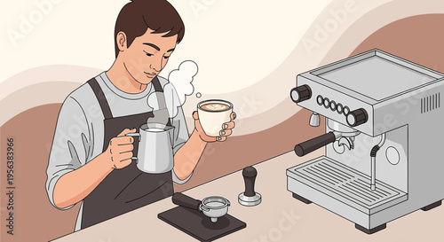 Barista crafting a delicate latte art with an espresso machine in a cozy cafe atmosphere
