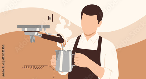 Barista preparing frothy milk with steam, crafting coffee in modern style cafe background