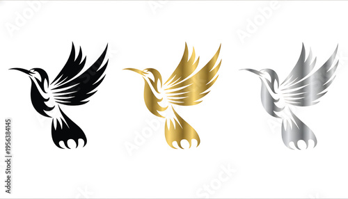 Hummingbird tribal tattoo in black, gold, and silver, with stylized wings and sharp talons against a white background.