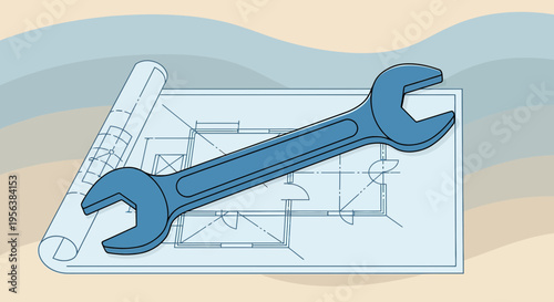Blueprint and wrench reveal an intricate design symbolizing construction or renovation project