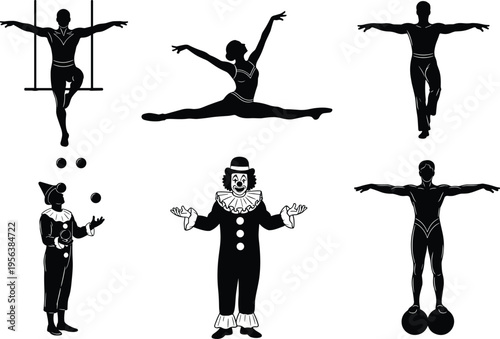 Circus performers silhouettes set, gymnast acrobat clown juggling characters, entertainment show concept, balance and performance art, black vector illustration design