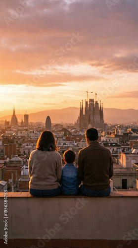 A family of three sitting on a rooftop ledge, watching the sunset over Barcelona with the Sagrada Familia and city skyline in the background.