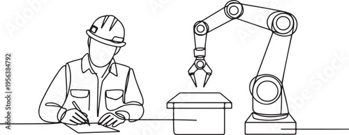 Engineer writing notes near robotic arm and box worker