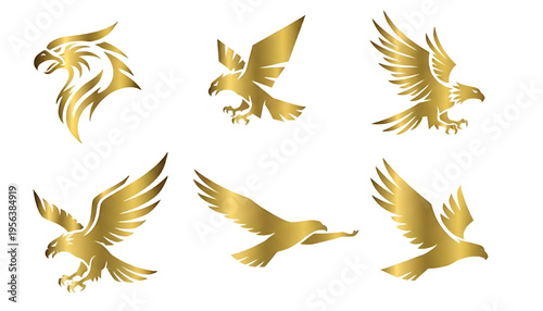 Eagles golden graphic icons set with different dynamic poses of flight and head profile for emblem or logo