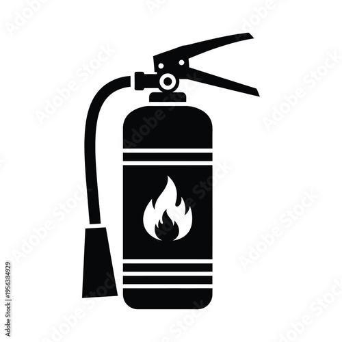 Fire extinguisher cylinder displays a flame graphic near its center for safety indication.