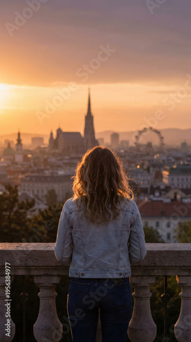 A woman with curly hair and a denim jacket stands on a stone balcony overlooking a cityscape with historic buildings and a ferris wheel at sunset.