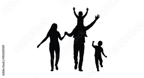 Silhouette of a family with a child on dad s shoulders enjoying life