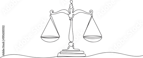 Single line drawing of justice scales legal balance