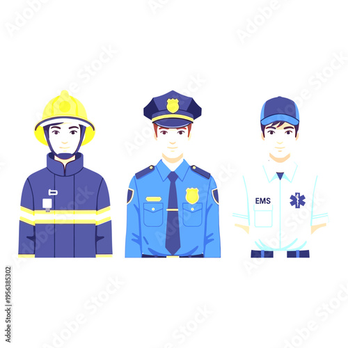 Three emergency service workers: firefighter, police officer, and EMT. Professional public safety heroes vector illustration.