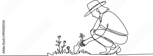 Gardener Planting Flower in Hat Line Art Keywords: gardening, planting, flower, garden, nature