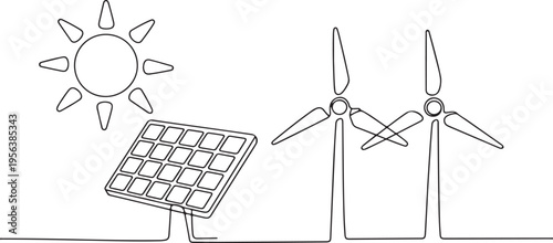 Sun Solar Panel and Two Wind Turbines Line Art Keywords: solar energy, wind energy, renewable