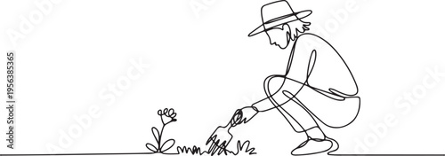 Gardener Planting a Flower in Continuous Line Art vector