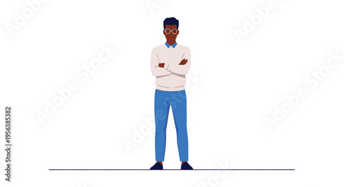 A confident young man with dark skin stands with his arms crossed.