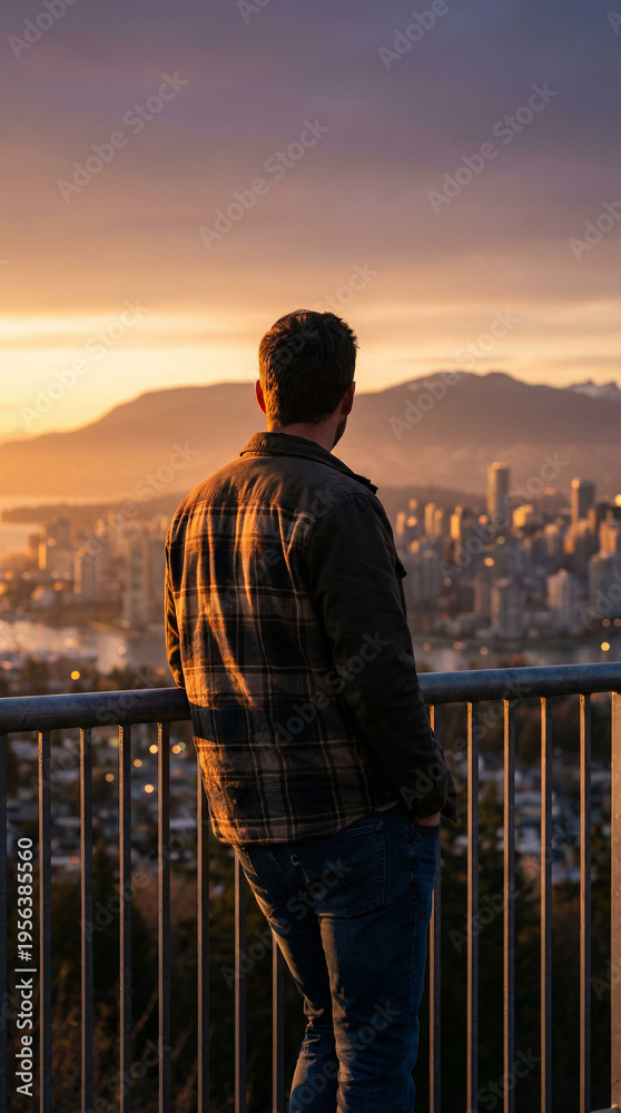 Fototapeta premium A man stands by a railing looking out over a city with mountains in the background during a warm sunset.