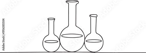 Three Laboratory Flasks with Liquid on White Background