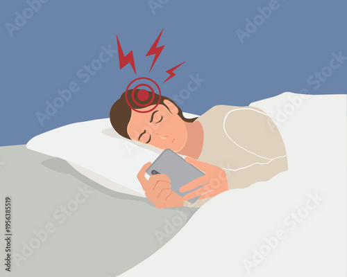 Young woman suffering from migraine and blue light headache while using smartphone in bed at night