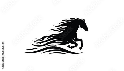Horse silhouette with flowing mane and tail in a dynamic leaping pose, representing speed and freedom.