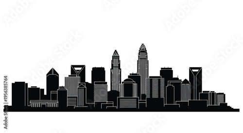 Black and white skyline illustration of a modern city with skyscrapers