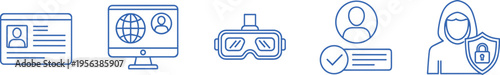 Digital Technology and Cybersecurity Blue Line Icon Set featuring ID Card, Computer Network, VR Headset, User Verification, and Hacker Security.