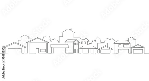 Continuous line drawing of a simple cityscape with various houses