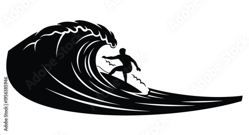 A silhouetted surfer rides a large curling ocean wave