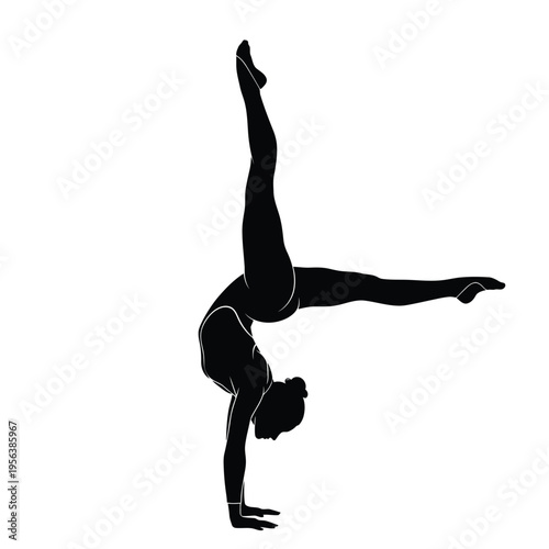 Gymnast silhouette performs a difficult handstand split against a white background.