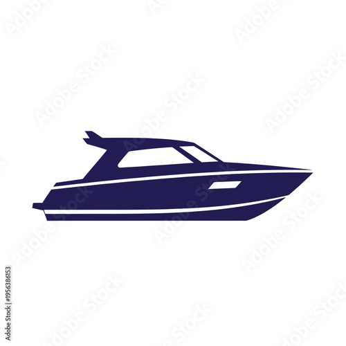 Motor yacht silhouette is depicted in dark blue against a white background.