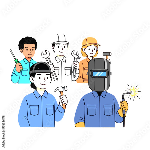Diverse skilled workers and tradespeople illustration, including a welder, mechanic, and handyman. Concept of manual labor and professional services.