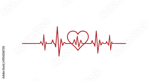 Red electrocardiogram line shows a heartbeat rhythm with a central heart shape.