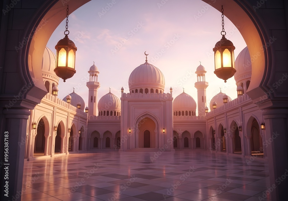 Fototapeta premium Mosque courtyard at sunset with ornate lanterns and domes