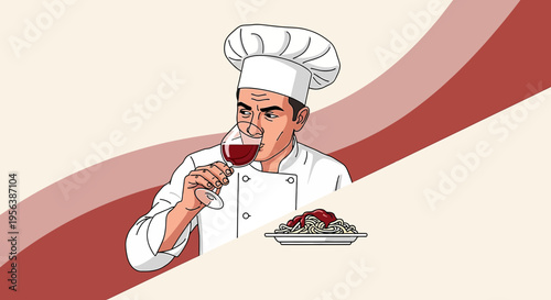 Cartoon chef enjoying red wine after preparing a delicious plate of spaghetti bolognese for