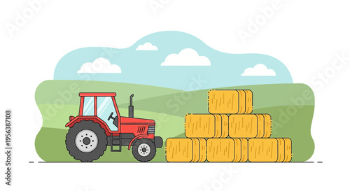 Cartoon countryside landscape with a tractor and stack of hay bales under a bright sky
