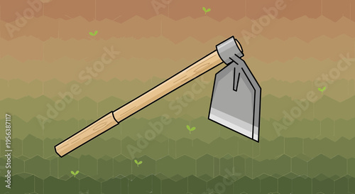 Cartoon garden hoe illustration against an abstract earth backdrop with sprouting greens