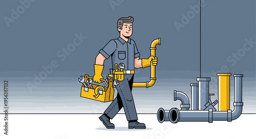 Cartoon illustration depicting a cheerful plumber carrying tools and pipes inside a building