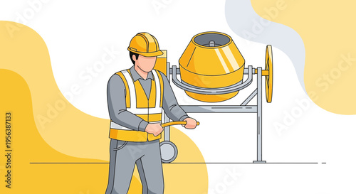 Cartoon illustration depicting a construction worker operating a cement mixer with safety attire