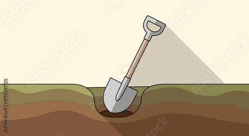 Cartoon illustration depicting a shovel digging into earth soil layers with layered effect