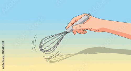 Cartoon hand stirring with a whisk, food preparation or creative process concept with abstract
