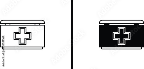 A medical first aid kit icon in black and white colors