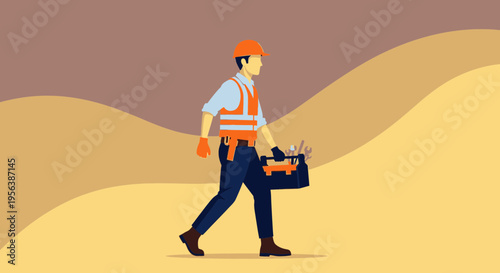 Cartoon illustration featuring construction worker carrying toolbox over desert background for