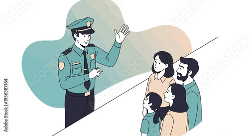 Cartoon illustration featuring a police officer interacting with a family outdoors