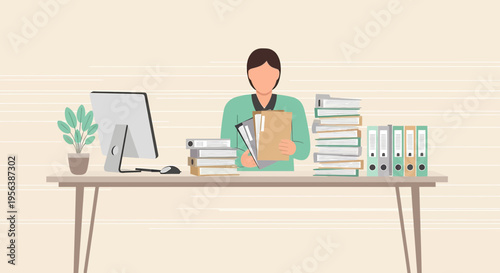 Busy professional organizing documents and working at a desk with computer and files