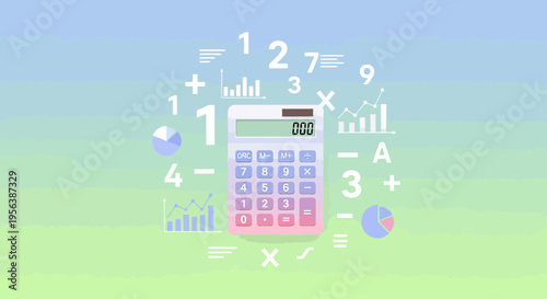 Calculator surrounded by mathematical symbols representing finance and calculation concept