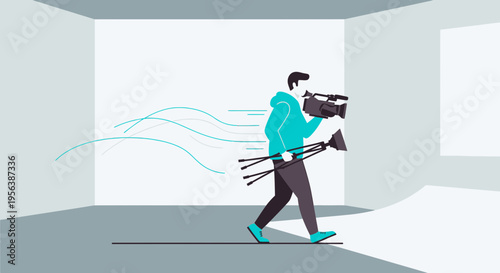 Cameraman dashes through studio with equipment preparation for video production