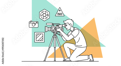 Capturing moments: a line art illustration of a videographer at work with camera icons
