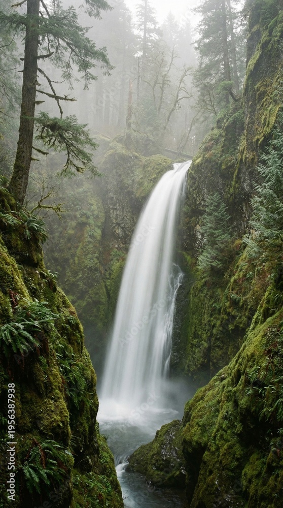Fototapeta premium A tall waterfall flows through a lush, green moss-covered rocky gorge surrounded by dense fog and evergreen trees in a misty forest.
