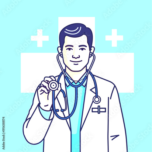 Smiling Male Doctor Holding Stethoscope for Medical Examination Illustration. Healthcare Professional and Health Checkup Concept.