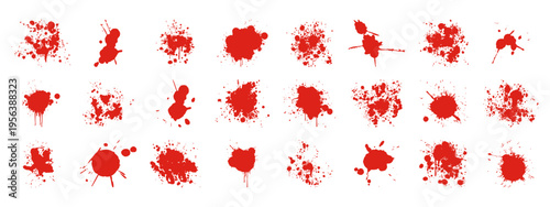 Bloody ink blot textures. Red splashes, smudges and spray stains for thriller or mystery themes.