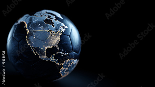 Soccer ball with glowing world map highlighting USA, Canada and Mexico, global unity and international tournament concept with modern advertising style and copy space