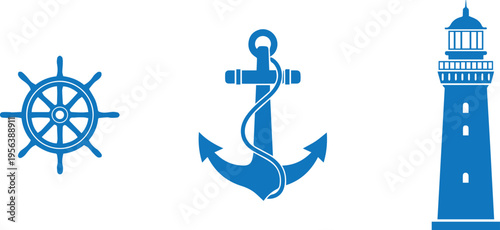 Nautical Icons: Ship Wheel, Anchor, and Lighthouse on White